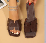 Square Toe Flat Sandals Summer Hollow Out Slides Slippers Women Footwear
