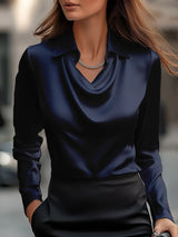 Women's Swing Collar Draped Shirts & Blouses Elegant Solid Satin Office Ladies Top Pullover Spring Long Sleeve Casual Tops