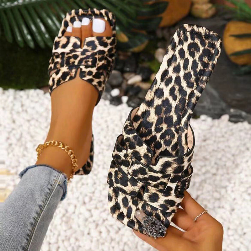 Leopard Print Square Head Women's Slipper